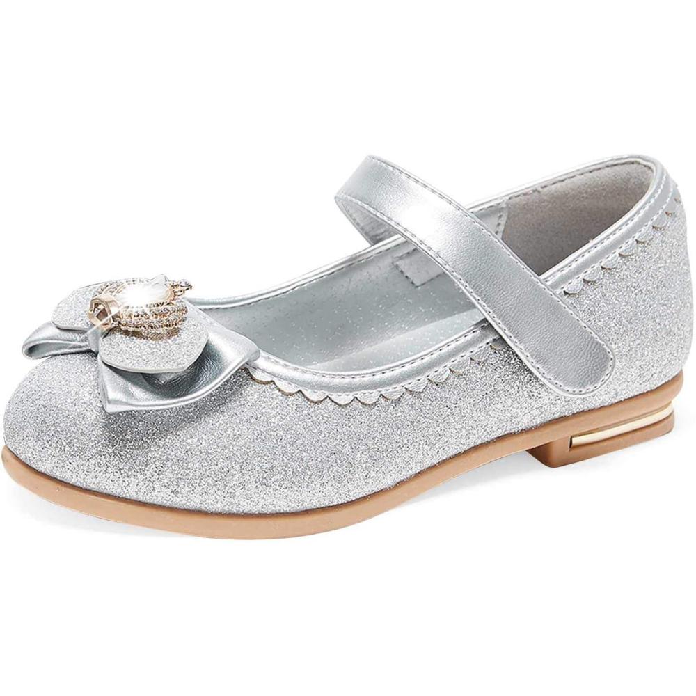 imageStelle Girls Dress Shoes Glitter Princess Shoe Flower Mary Jane Low Heels Party Wedding Prom Footwear for Toddler KidsT16silver Glitter