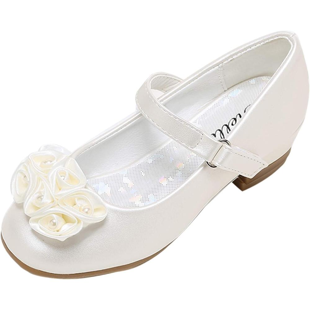 imageStelle Girls Dress Shoes White Flower Girl Shoe Mary Jane Low Heels for Wedding ToddlerLittleBig KidChampagne Flower