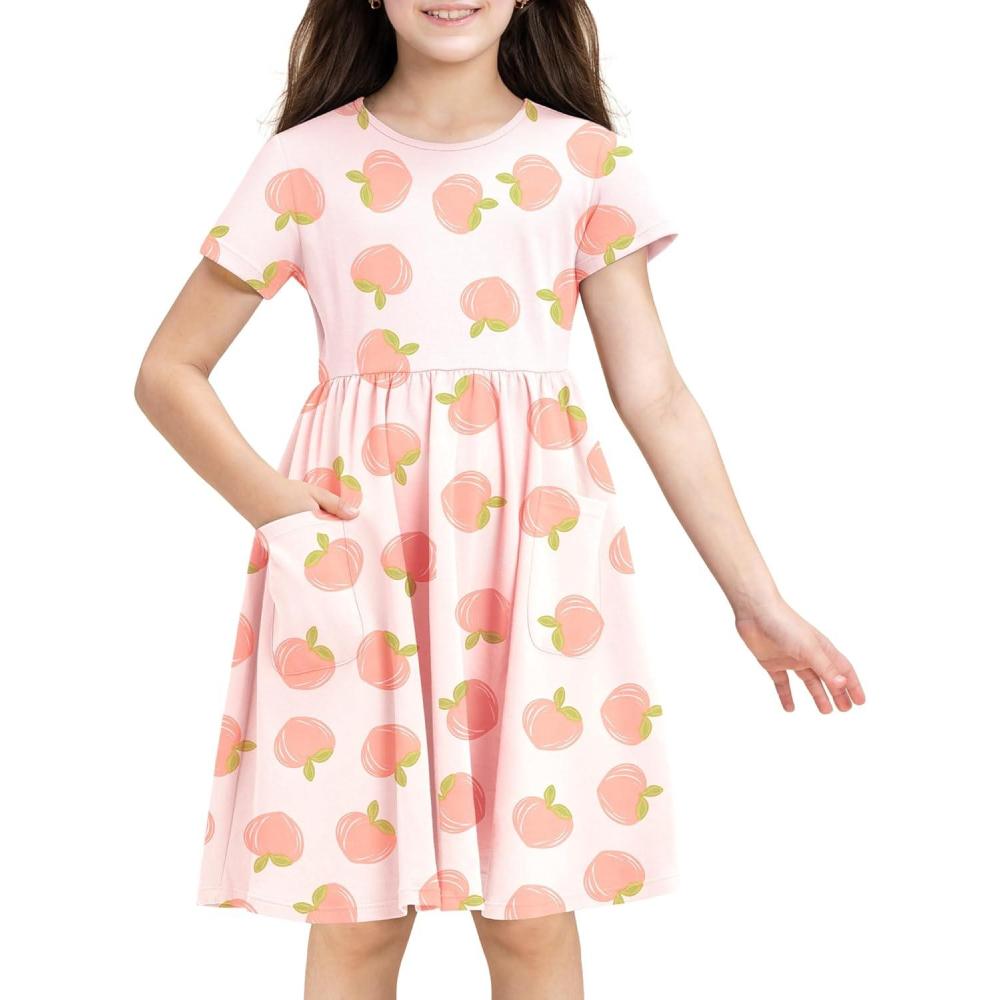 imageStelle Girls Dresses Cotton Short Sleeve Dress Cute Midi Casual Sundress with 2 PocketsGentle Peaches Print