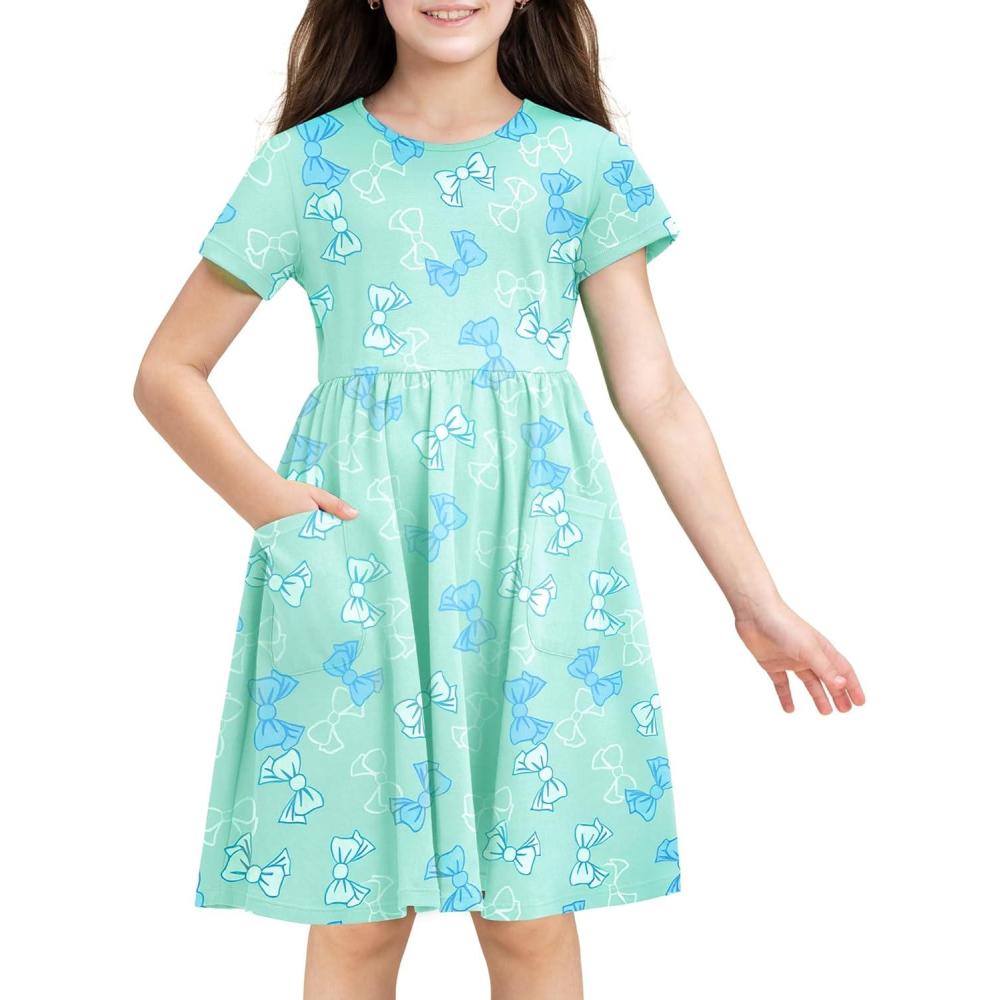 imageStelle Girls Dresses Cotton Short Sleeve Dress Cute Midi Casual Sundress with 2 PocketsMint Bow Print