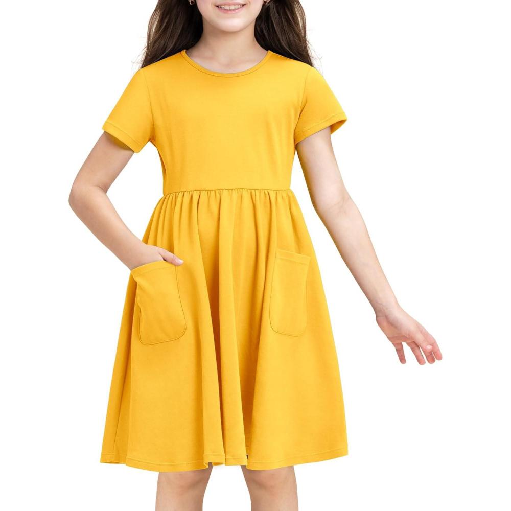 imageStelle Girls Dresses Cotton Short Sleeve Dress Cute Midi Casual Sundress with 2 PocketsSun Ray