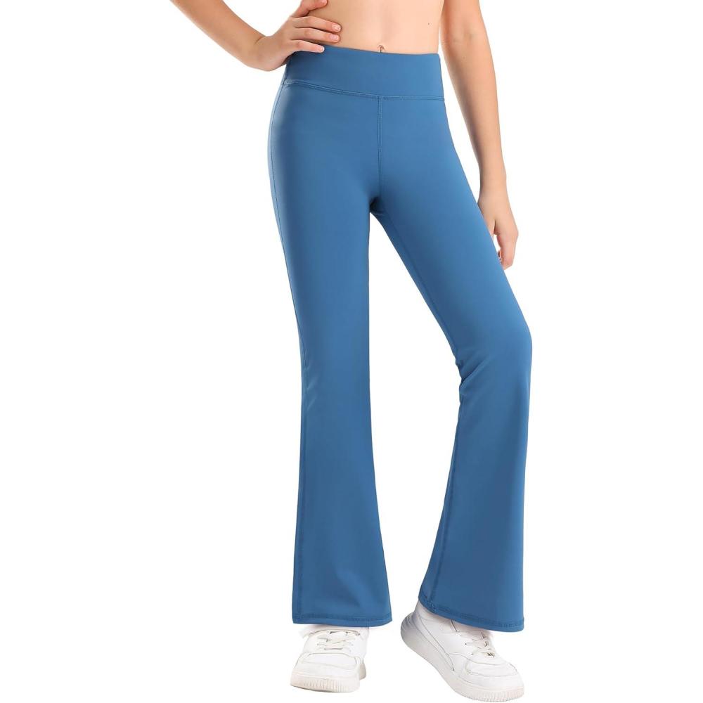 imageStelle Girls Flare Leggings High Waisted Yoga Pants Bootcut Dance Casual Pants Activewear Kids Bell BottomsBlue