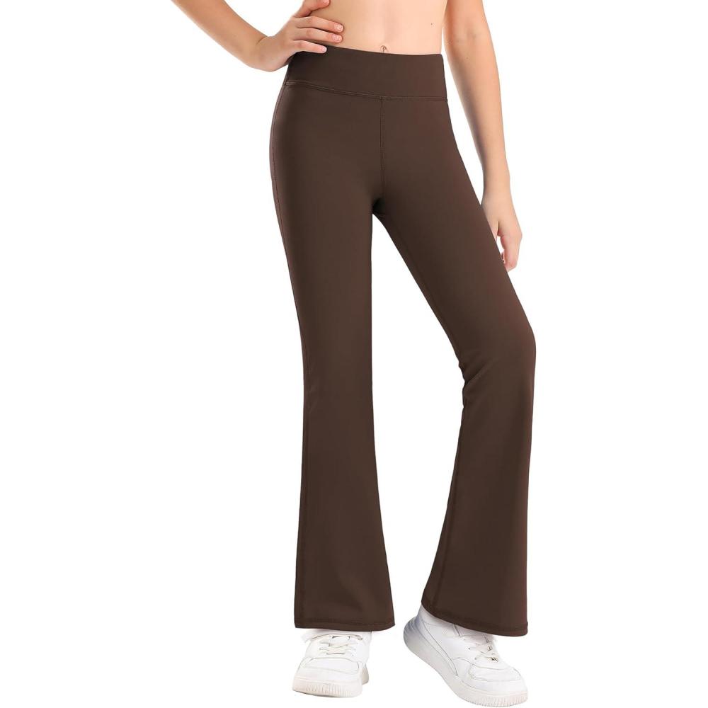 imageStelle Girls Flare Leggings High Waisted Yoga Pants Bootcut Dance Casual Pants Activewear Kids Bell BottomsCoffee