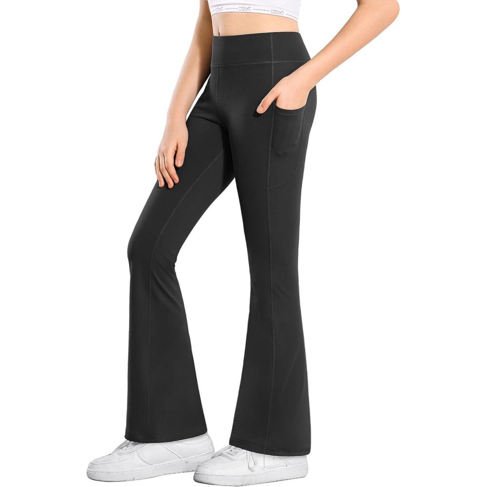 imageStelle Girls Flare Leggings with Pockets High Waisted Bootcut Yoga Pants Kids Dance Bell Bottoms LeggingsBlack