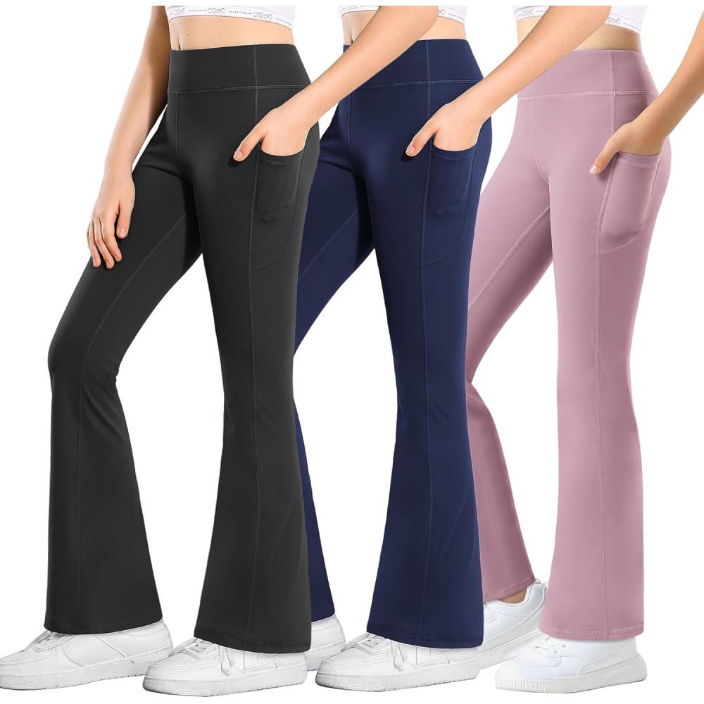 imageStelle Girls Flare Leggings with Pockets High Waisted Bootcut Yoga Pants Kids Dance Bell Bottoms LeggingsBlackDusty LavenderNavy