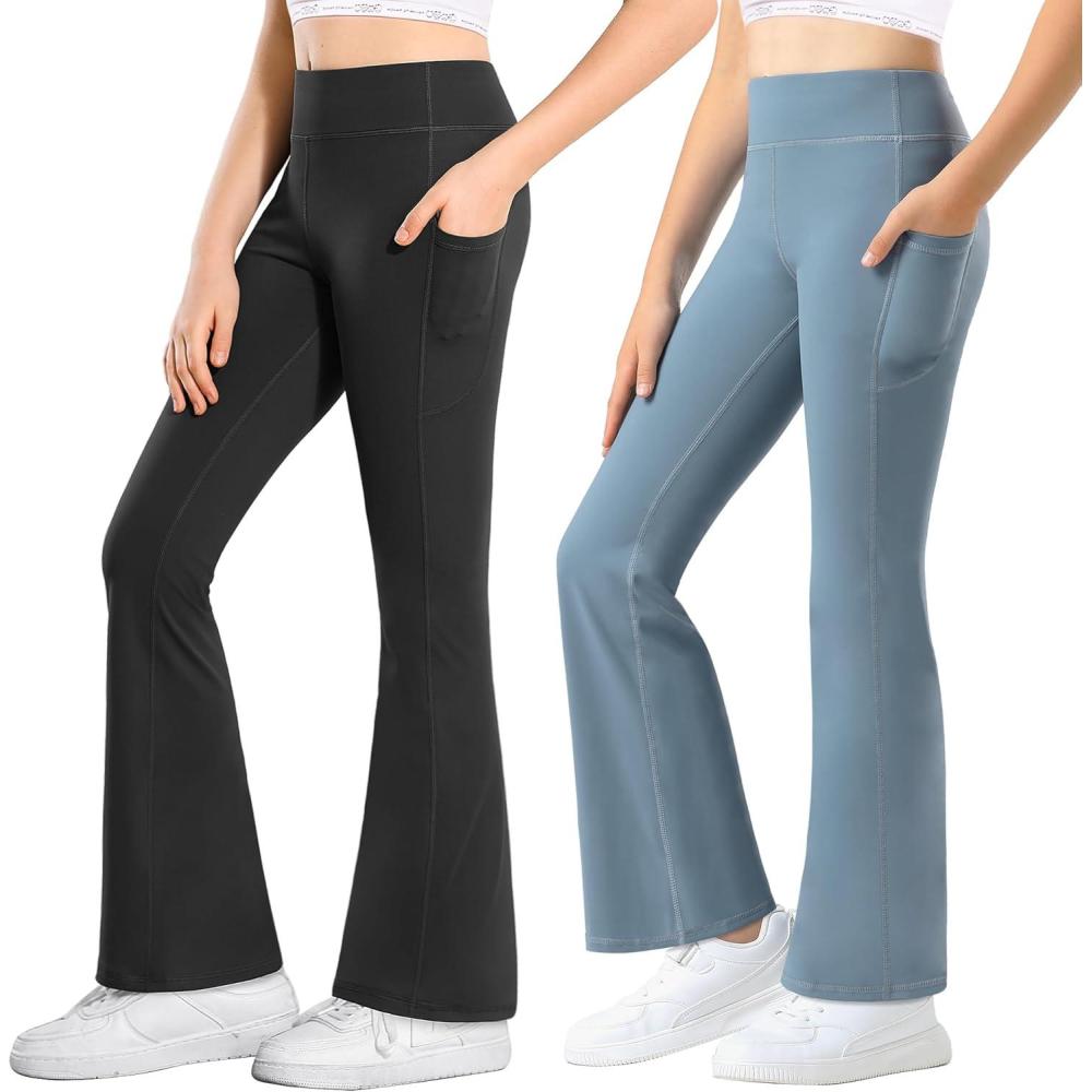 imageStelle Girls Flare Leggings with Pockets High Waisted Bootcut Yoga Pants Kids Dance Bell Bottoms LeggingsBlackGrey Blue