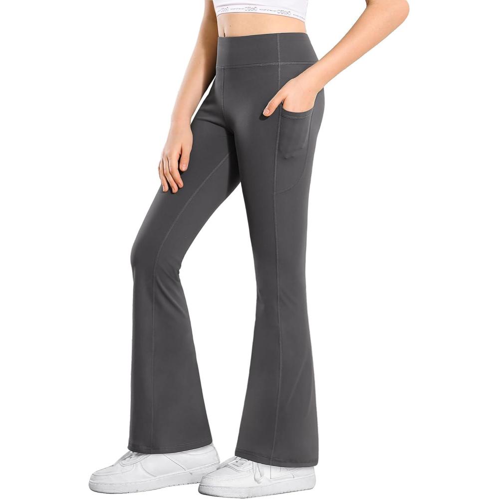 imageStelle Girls Flare Leggings with Pockets High Waisted Bootcut Yoga Pants Kids Dance Bell Bottoms LeggingsGrey
