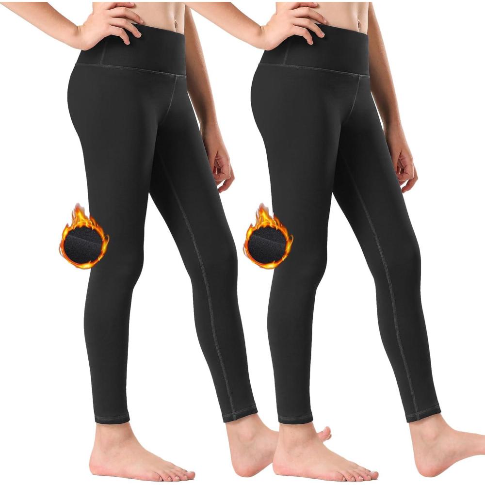 imageStelle Girls Fleece Lined Leggings Youth High Waist Warm Winter Athletic Yoga Pants with Hidden Pocket2packblack