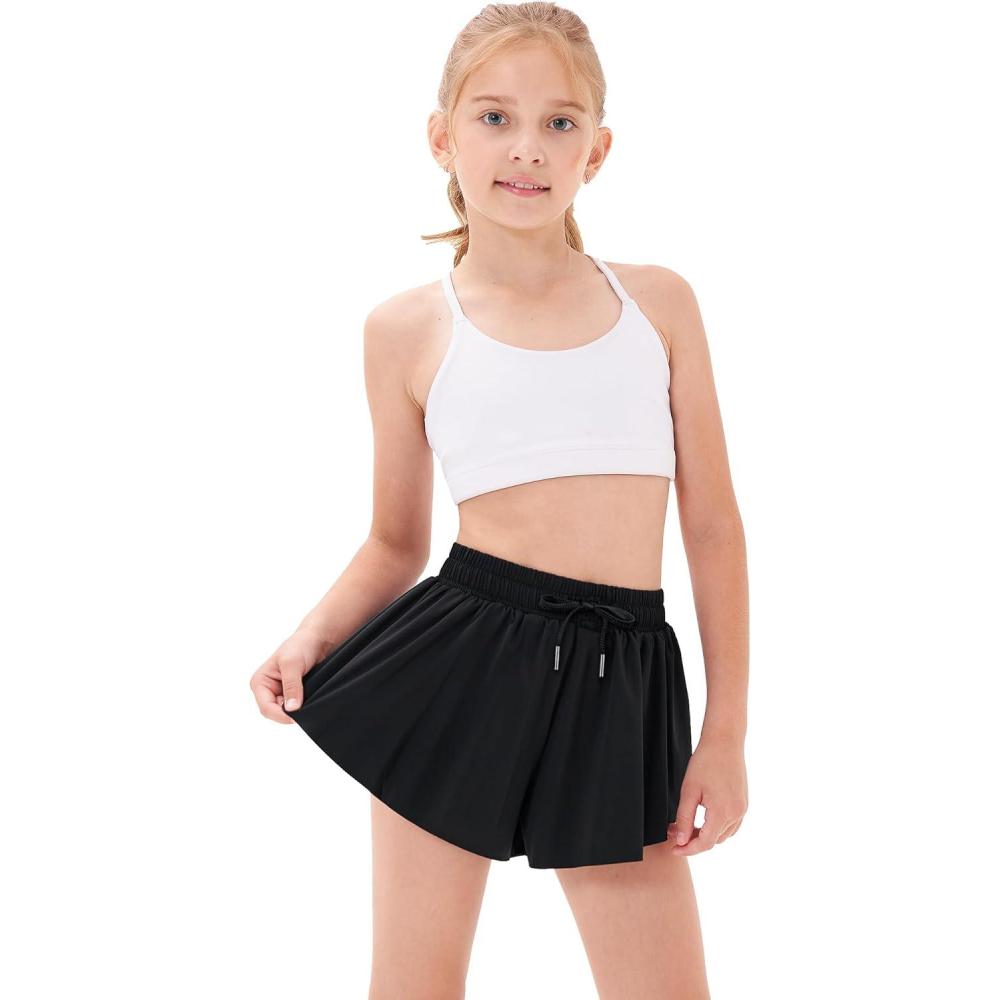 imageStelle Girls Flowy Shorts with Pockets Athletic Running Skirt High Waist Butterfly 2 in 1 Sports Short 516 YearsBlack