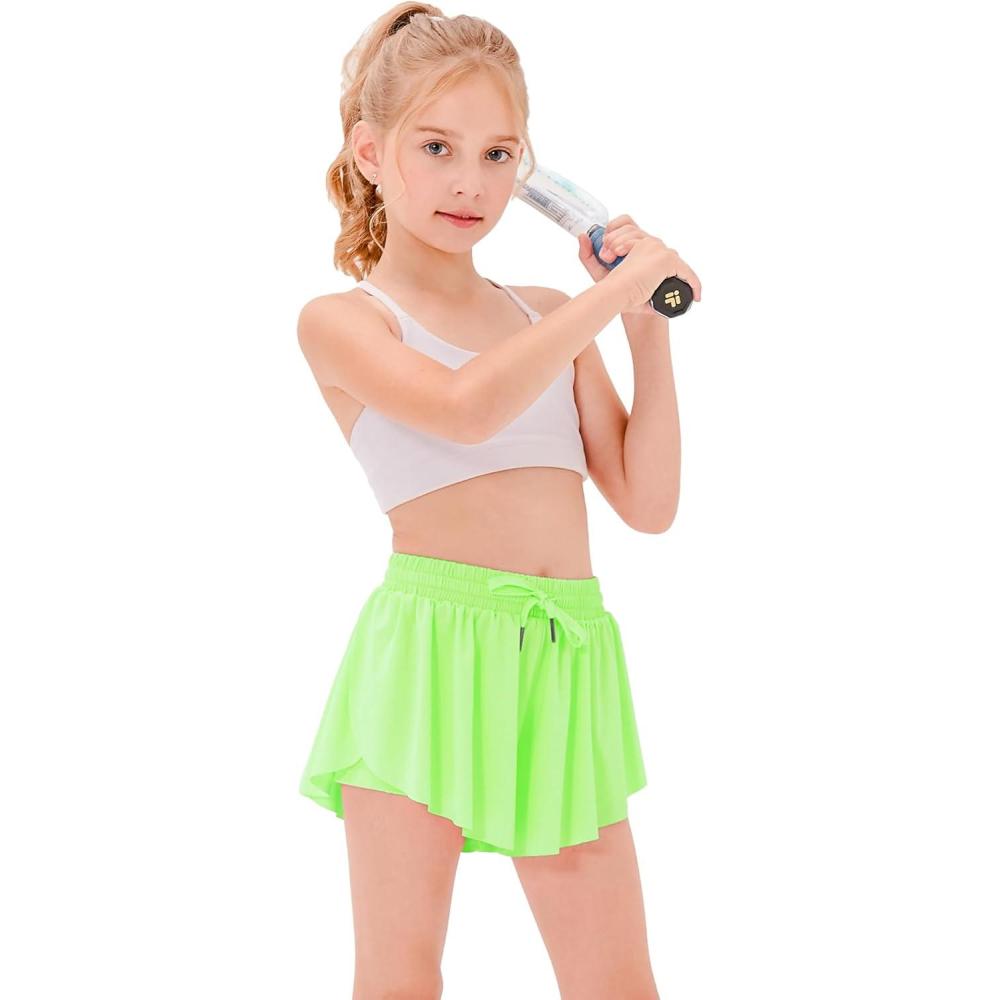 imageStelle Girls Flowy Shorts with Pockets Athletic Running Skirt High Waist Butterfly 2 in 1 Sports Short 516 YearsNeon Yellow