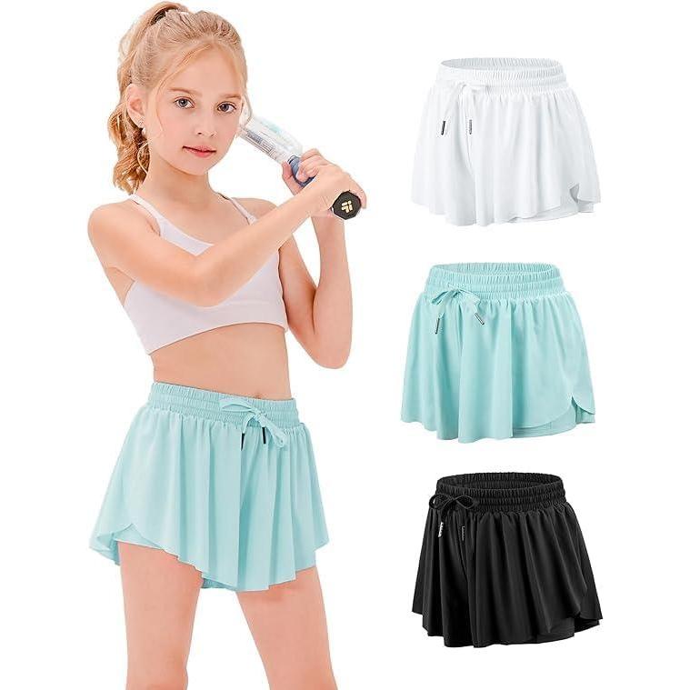 imageStelle Girls Flowy Shorts with Pockets Athletic Running Skirt High Waist Butterfly 2 in 1 Sports Short 516 YearsWhitelight Blueblack