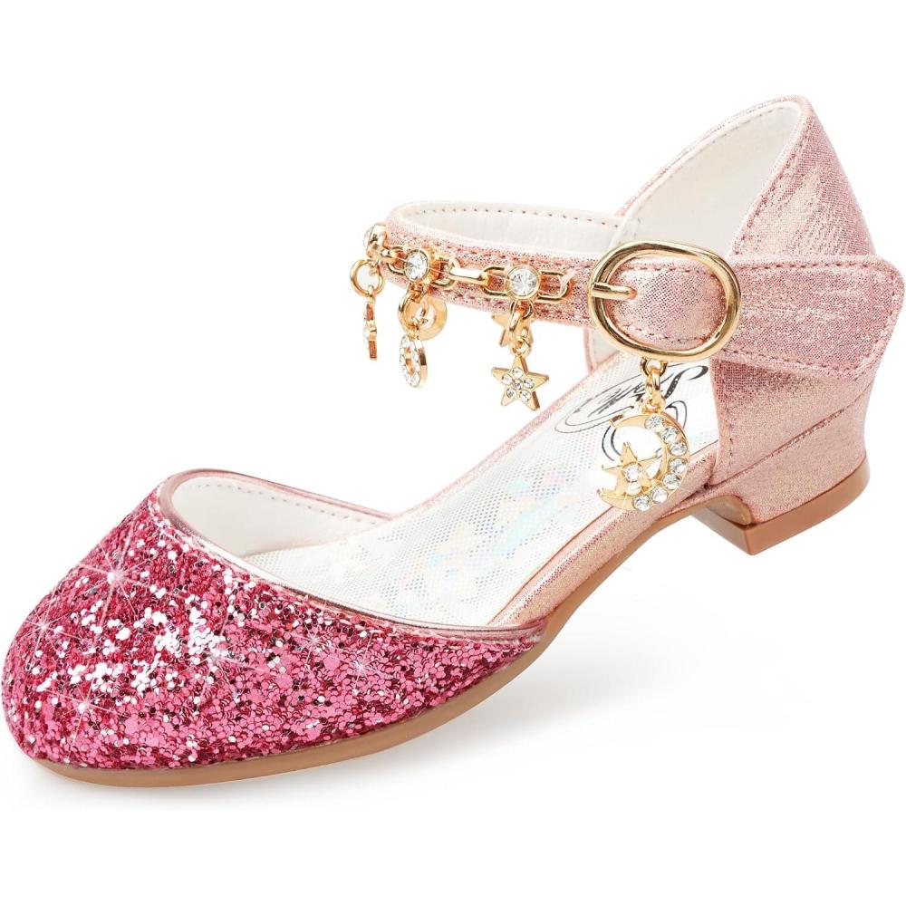 imageStelle Girls High Heels Sequins Dress Sandals Princess Dress Shoes Flower Wedding Party ShoesRedhot Pink Glitter