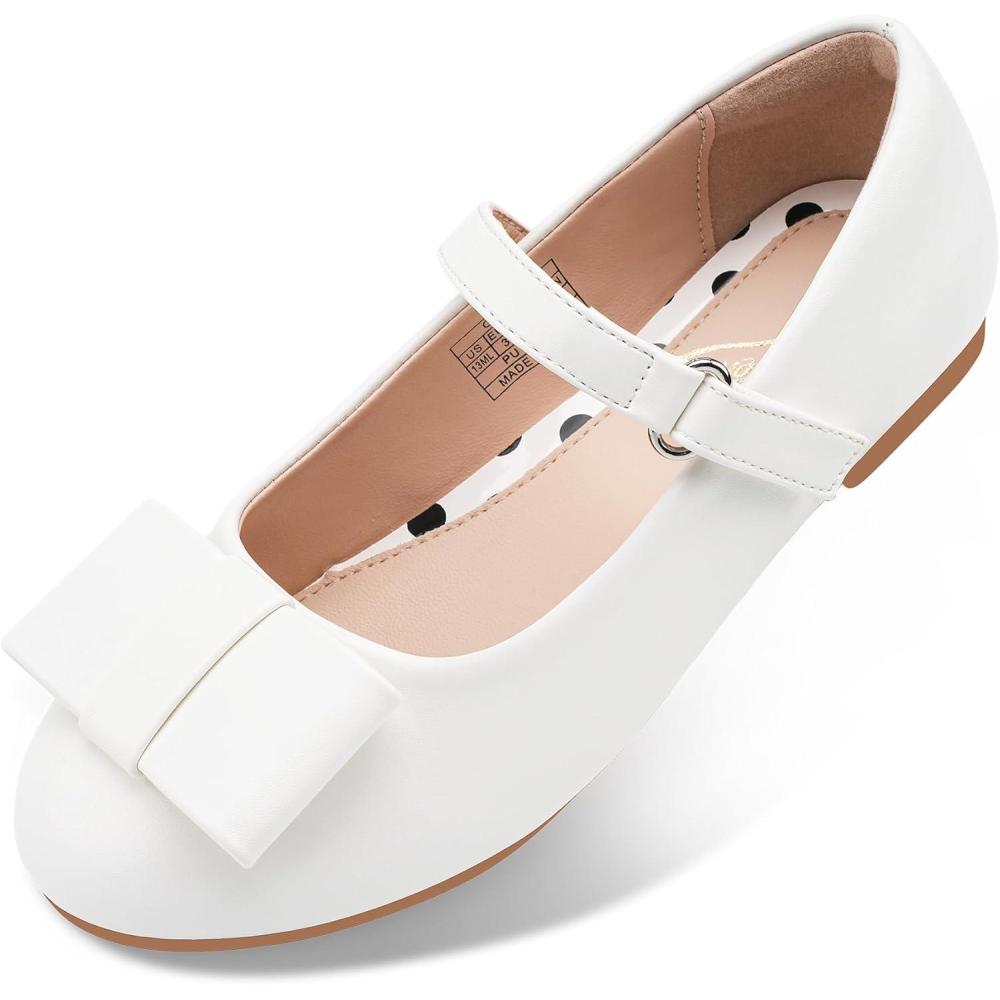 imageStelle Girls Mary Jane Dress Shoes Ballerina Flat with Bow for ToddlerLittleBig KidsWhite
