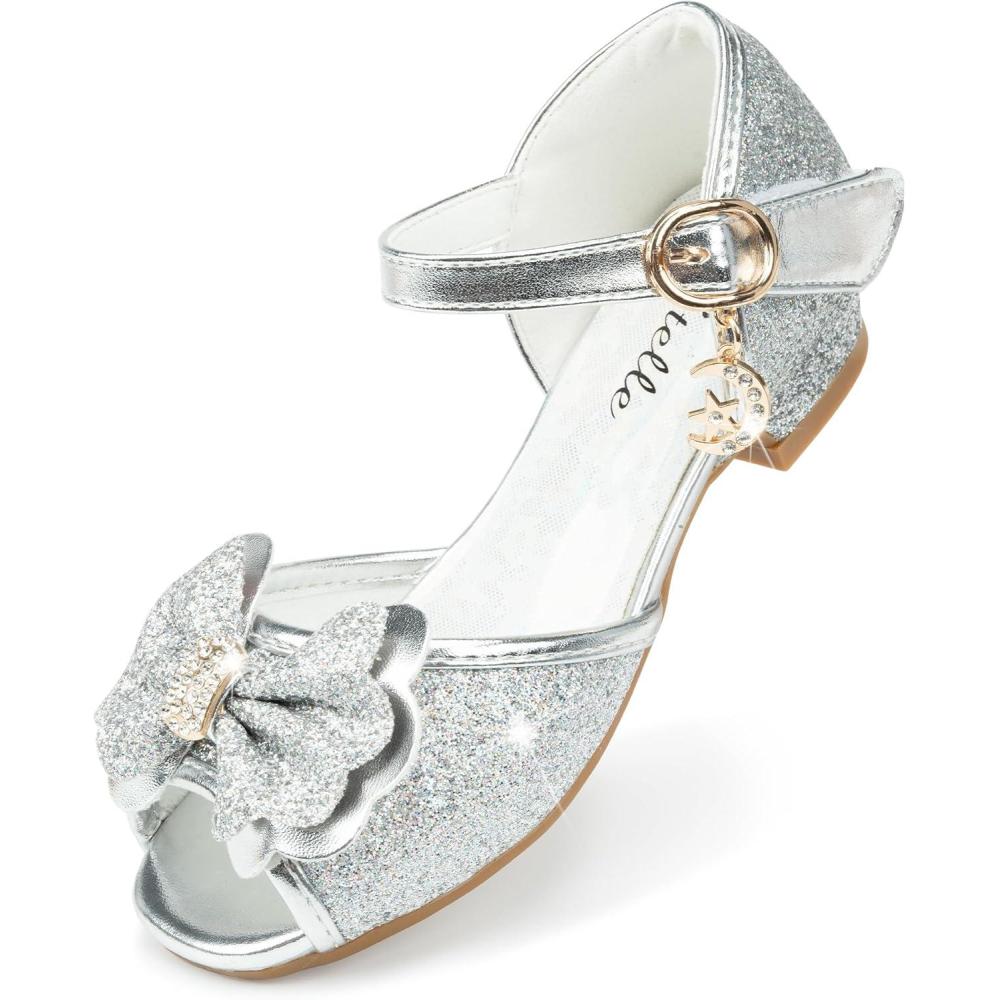 imageStelle Girls Mary Jane Dress Shoes Low Heel Glitter Patent Bow Kids Party Wedding Flower Girl School ShoesToddlerLittleBig KidBellasilver