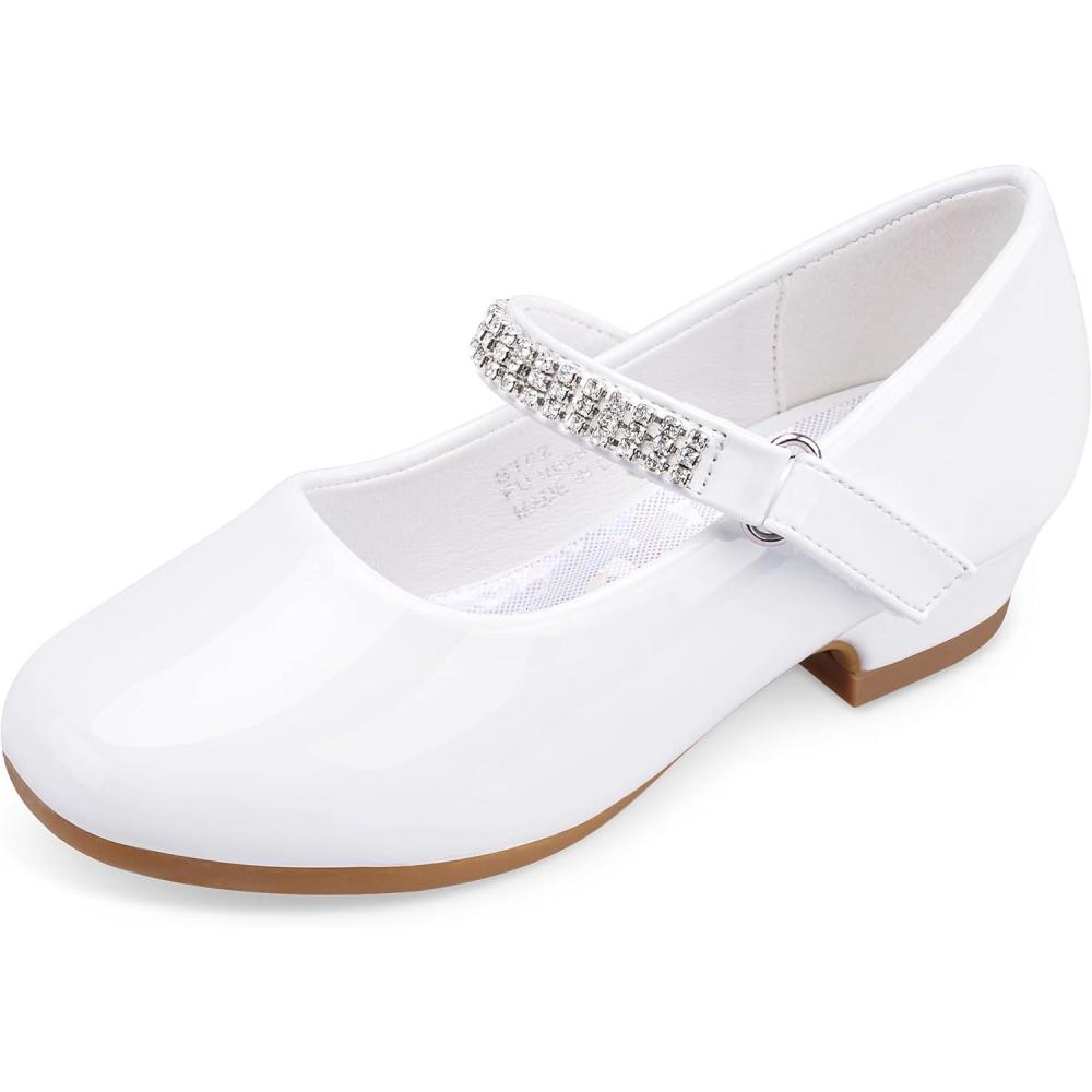 imageStelle Girls Mary Jane Dress Shoes Low Heel Glitter Patent Bow Kids Party Wedding Flower Girl School ShoesToddlerLittleBig KidClassic Patentwhitechain