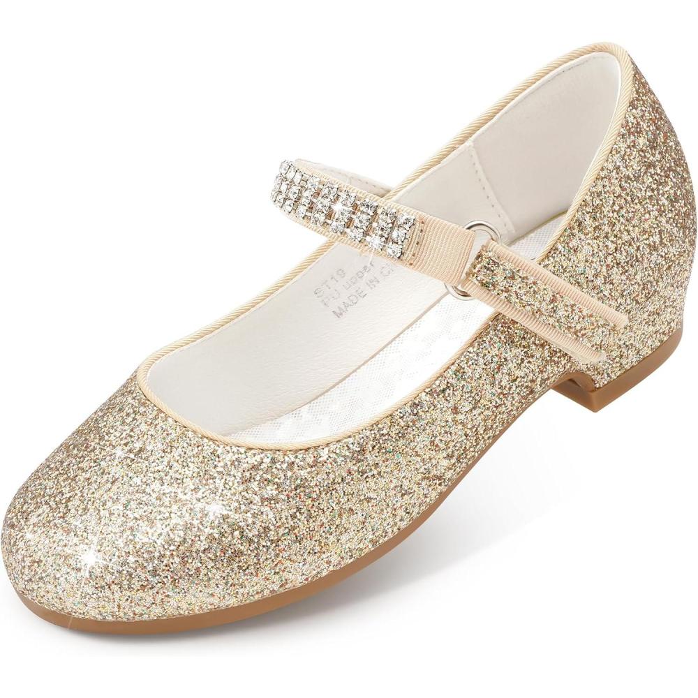 imageStelle Girls Mary Jane Dress Shoes Low Heel Glitter Patent Bow Kids Party Wedding Flower Girl School ShoesToddlerLittleBig KidGlitter Mary Janegoldchain
