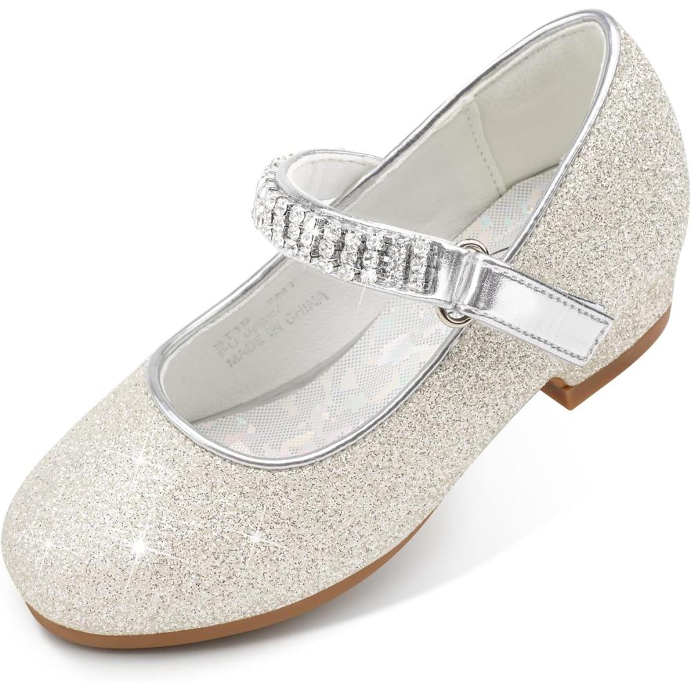 imageStelle Girls Mary Jane Dress Shoes Low Heel Glitter Patent Bow Kids Party Wedding Flower Girl School ShoesToddlerLittleBig KidGlitter Mary Janelight Silver