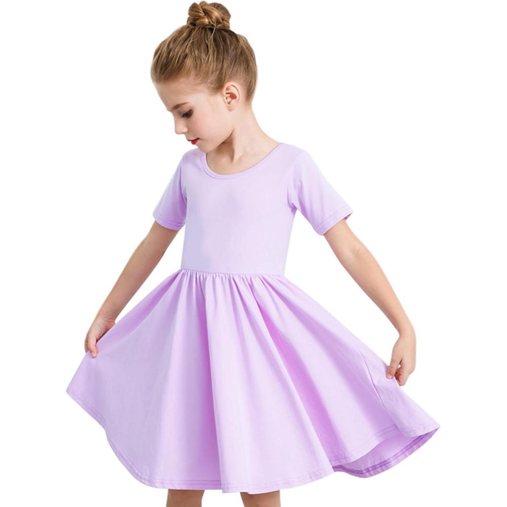 imageStelle Girls Short Sleeve Dress Summer Kids Toddler Skater Twirl A Line Solid Color TShirt Dress for School Casual 312 YA02lavender Without Pocket