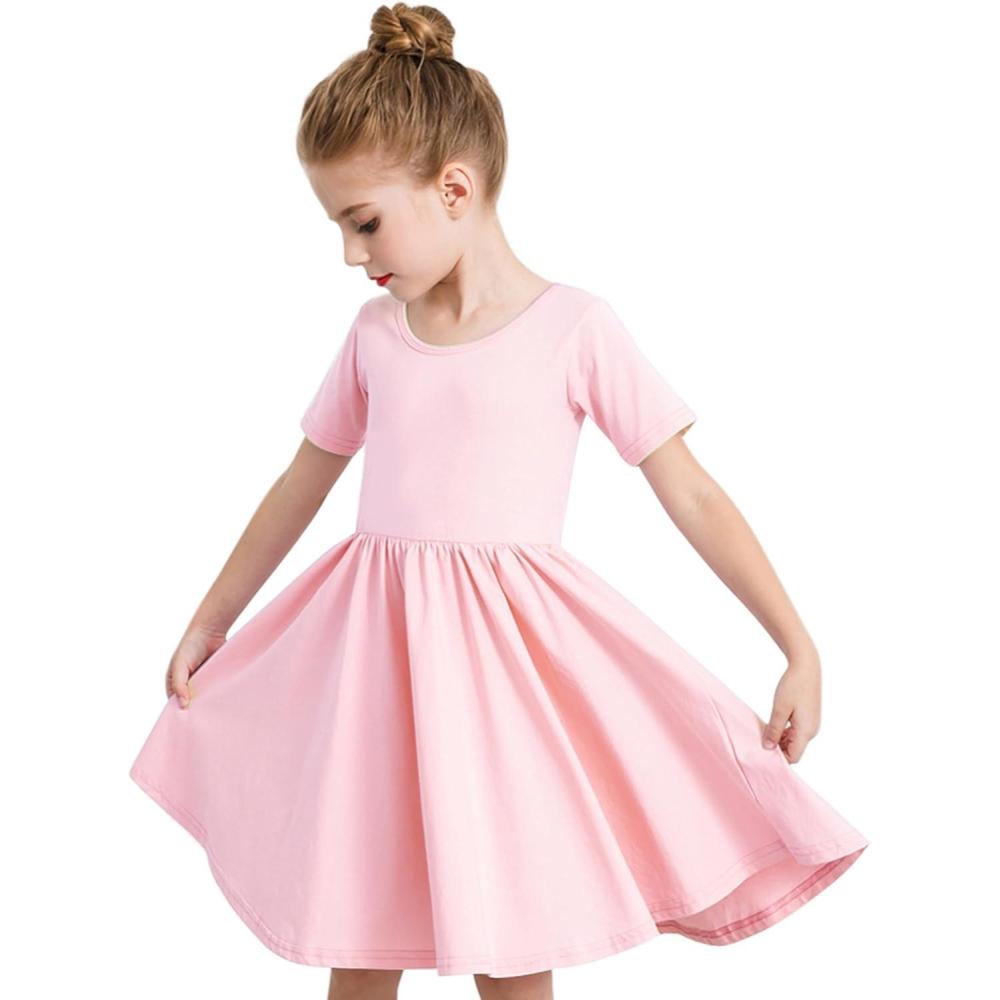 imageStelle Girls Short Sleeve Dress Summer Kids Toddler Skater Twirl A Line Solid Color TShirt Dress for School Casual 312 YA02pink Without Pocket