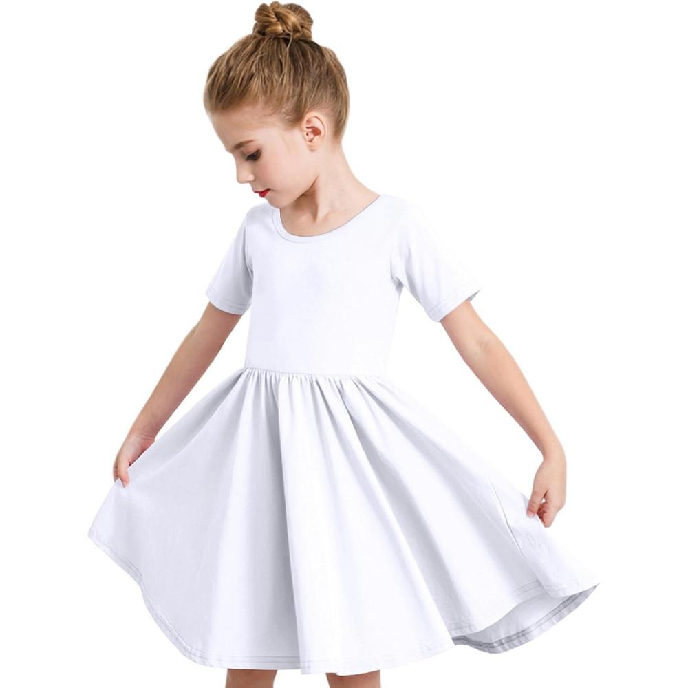 imageStelle Girls Short Sleeve Dress Summer Kids Toddler Skater Twirl A Line Solid Color TShirt Dress for School Casual 312 YA02white Without Pocket