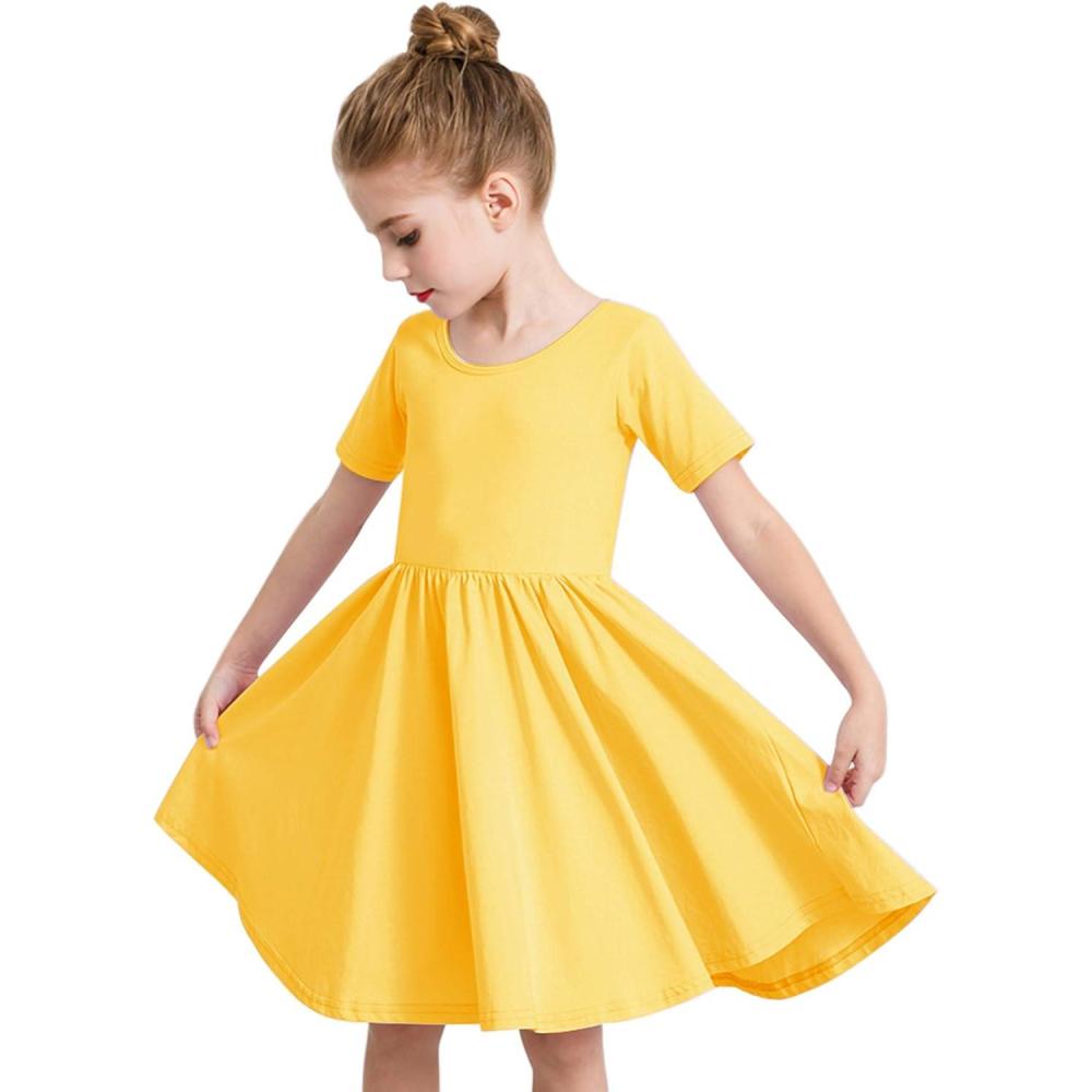 imageStelle Girls Short Sleeve Dress Summer Kids Toddler Skater Twirl A Line Solid Color TShirt Dress for School Casual 312 YA02yellow Without Pocket