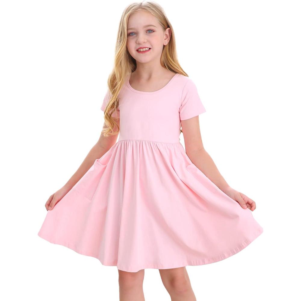 imageStelle Girls Short Sleeve Dress Summer Kids Toddler Skater Twirl A Line Solid Color TShirt Dress for School Casual 312 YA19pink With Pocket