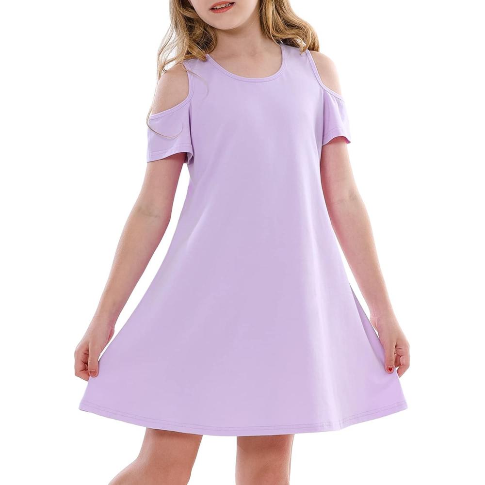 imageStelle Girls Short Sleeve Dress Summer Kids Toddler Skater Twirl A Line Solid Color TShirt Dress for School Casual 312 YCd001lavendercold Shoulder