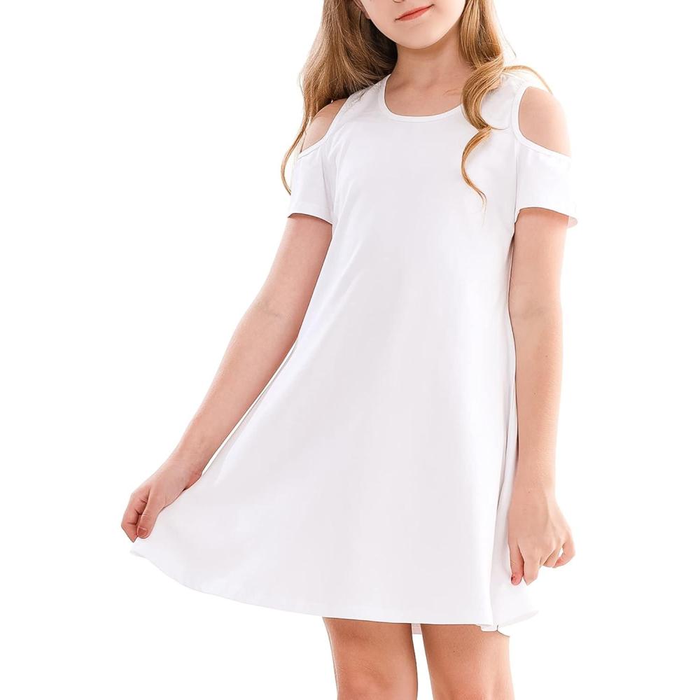imageStelle Girls Short Sleeve Dress Summer Kids Toddler Skater Twirl A Line Solid Color TShirt Dress for School Casual 312 YCd001whitecold Shoulder