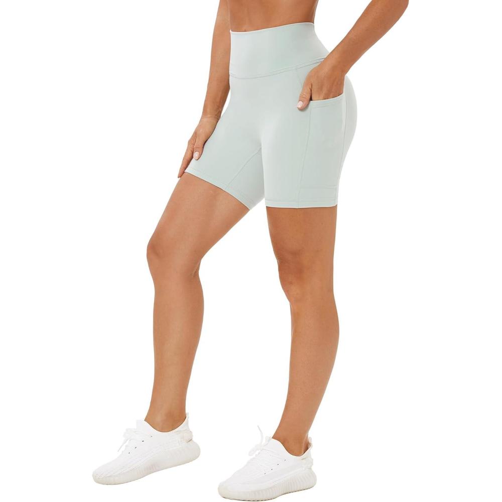 imageStelle High Waist Biker Shorts 5quot Inseam Workout Shorts for Women Tummy Control Gym Yoga Shorts with 2 Side PocketsMint Green