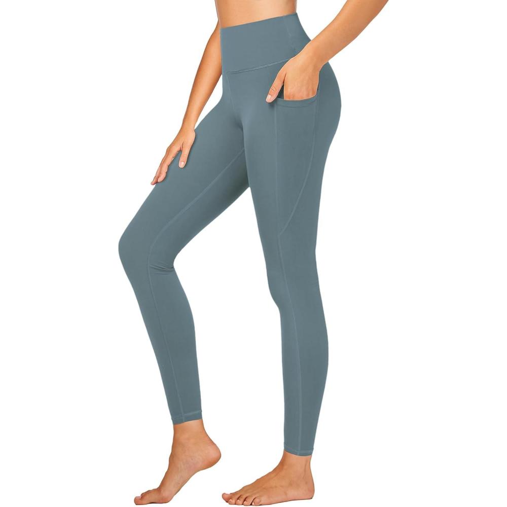 imageStelle High Waisted Yoga Leggings with Pockets Buttery Soft Workout Yoga Pants for Women Tummy Control Running GymBrushed Buttery Softgray Sage