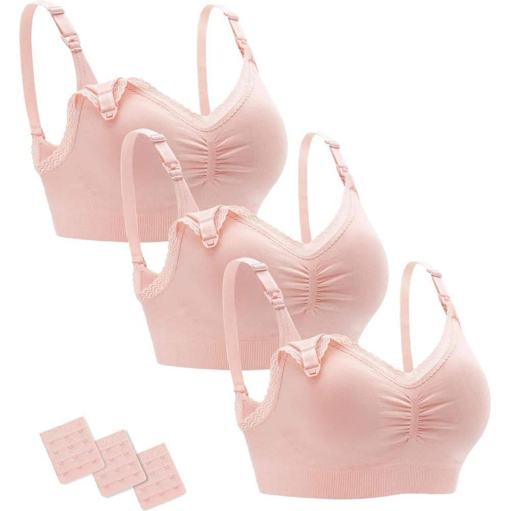 imageStelle Lace Nursing Bras for Breastfeeding Seamless Pregnancy Maternity Wireless Bralette with Pads Extenders3 Pack Pink