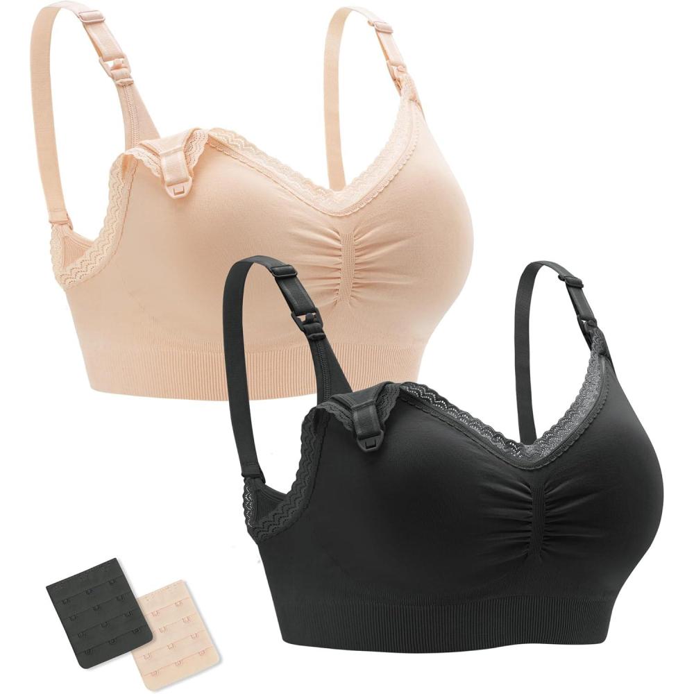 imageStelle Lace Nursing Bras for Breastfeeding Seamless Pregnancy Maternity Wireless Bralette with Pads ExtendersBlackbeige