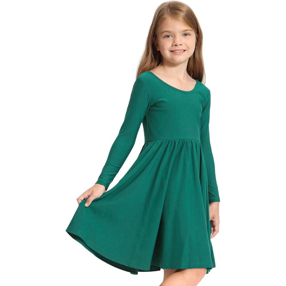 imageStelle Long Sleeve Girls Dress Toddler White Dresses Skater Twirl Cotton ALine Dress for School CasualGreen