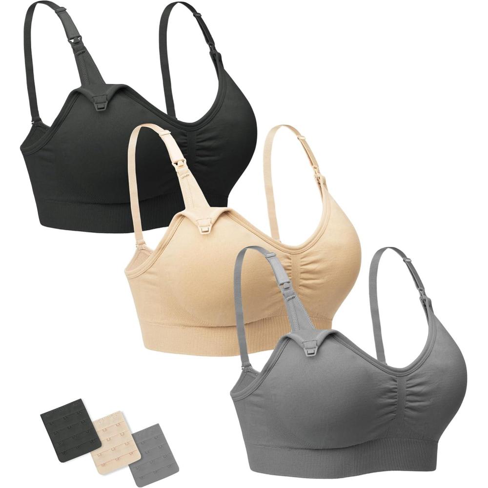 imageStelle Nursing Bras Maternity Bra for Breastfeeding Pregnancy Wireless Bralette with Pads Extenders ampamp Clips3 Blackgraybeige