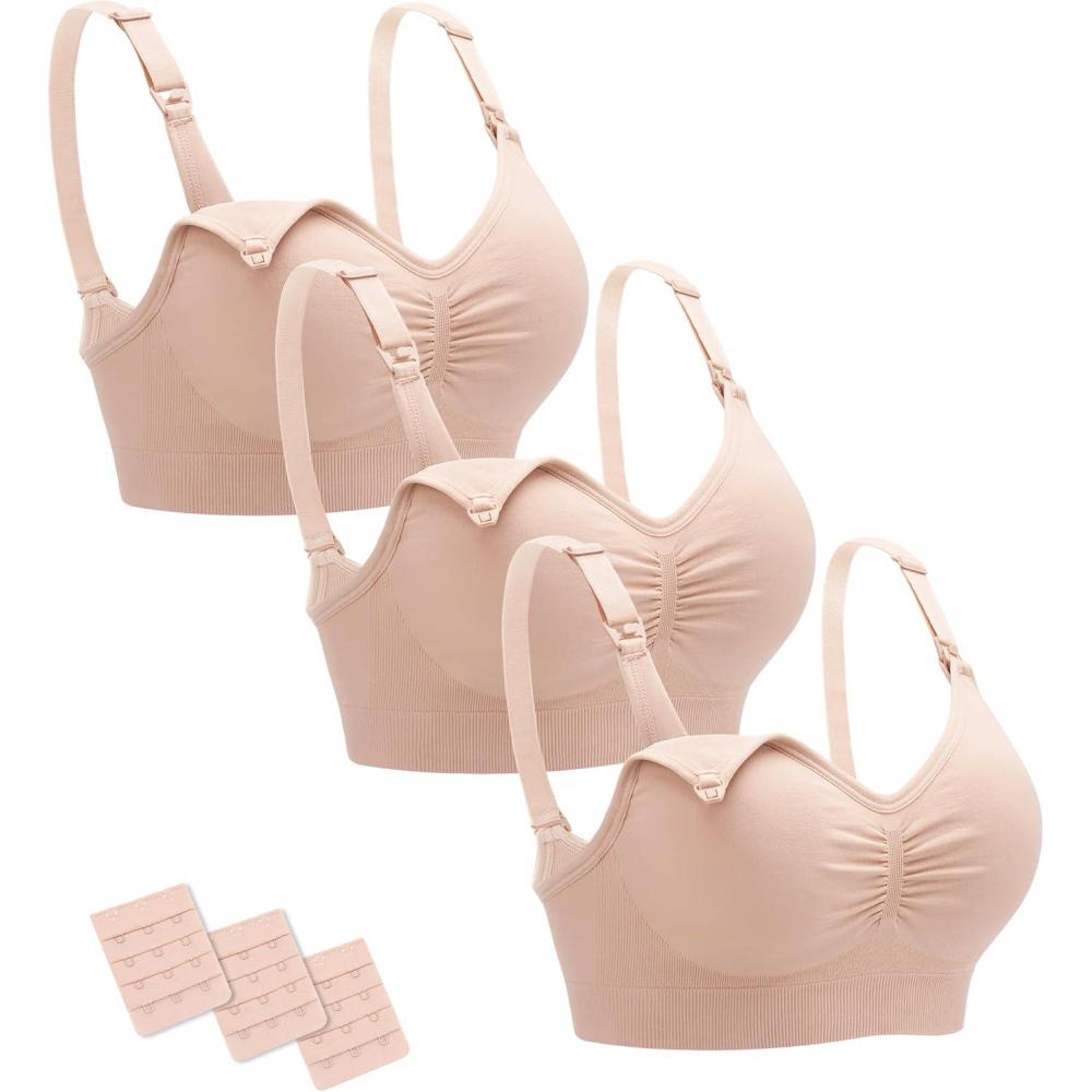 imageStelle Nursing Bras Maternity Bra for Breastfeeding Pregnancy Wireless Bralette with Pads Extenders ampamp Clips3 Pack Almond