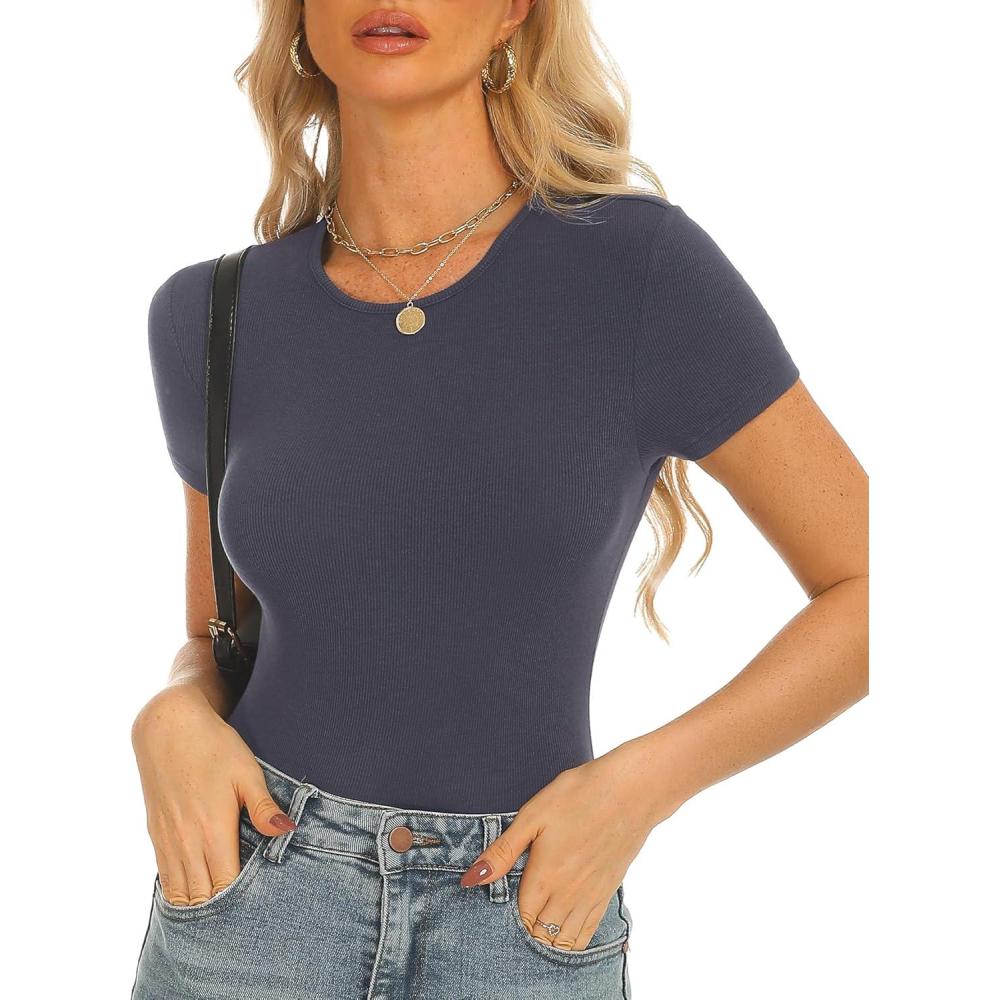 imageStelle Ribbed Tops for Women Short Sleeve Tshirt Slim Fit Basic Tee Casual BlouseCharcoal