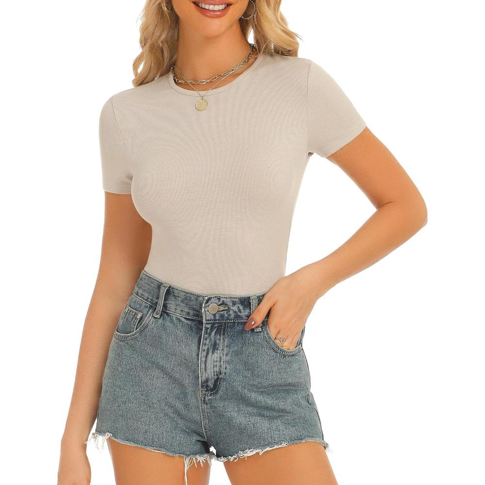 imageStelle Ribbed Tops for Women Short Sleeve Tshirt Slim Fit Basic Tee Casual BlouseDesert Beige
