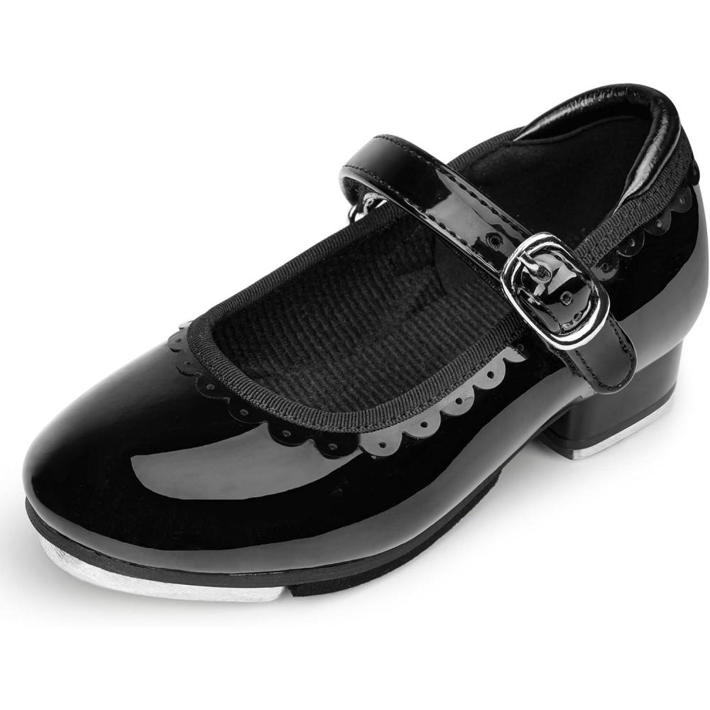imageStelle Tap Shoes for Girls Toddler Dance Shoes Easy Strap Scallop Design ToddlerLittle KidBig KidBlack