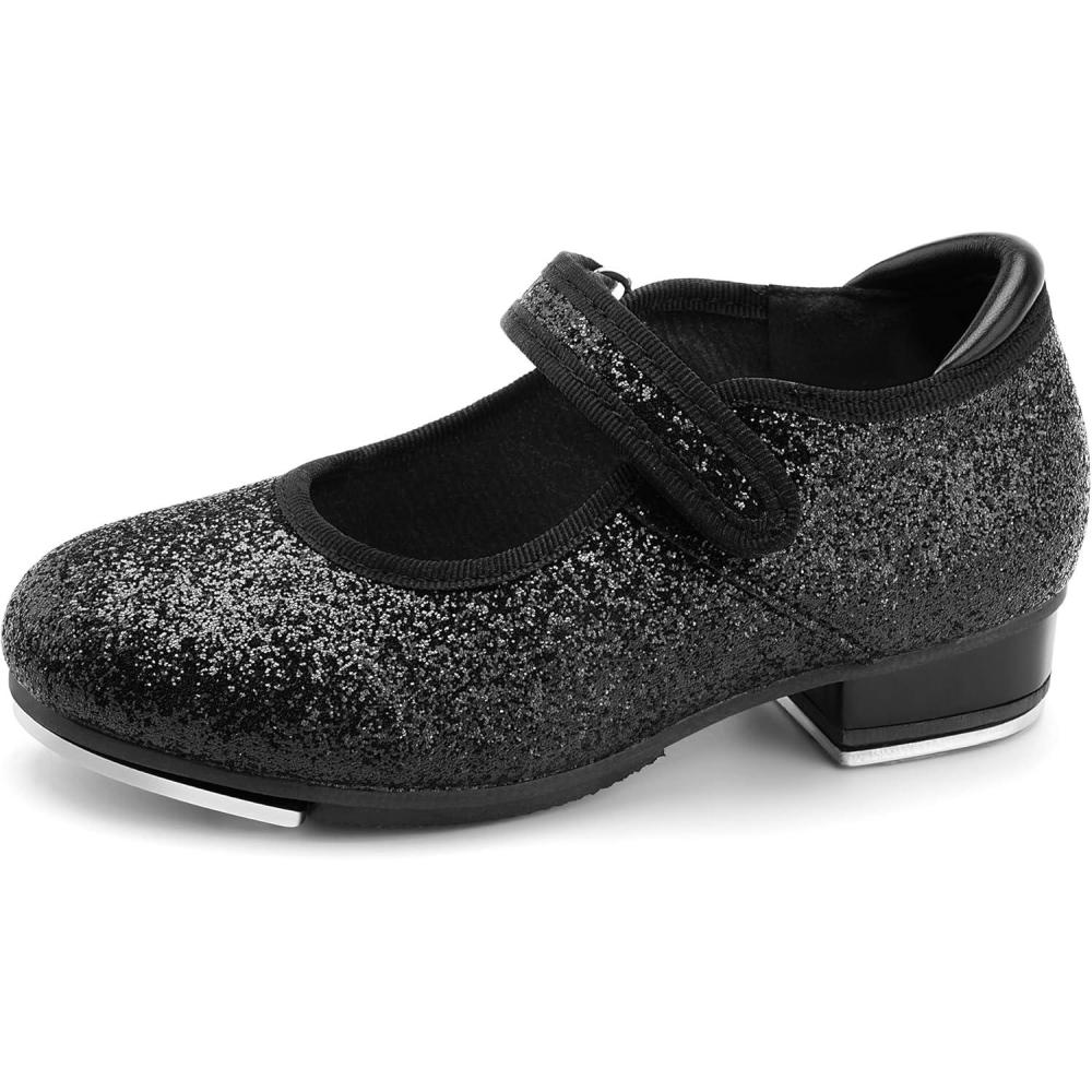 imageStelle Tap Shoes for Girls Toddler PU Tap Dance Shoes for ToddlerLittle KidsBig KidsBlack Giltter