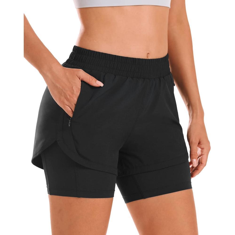 imageStelle Women 2 in 1 Running Shorts High Waisted Athletic Shorts Gym Workout Shorts with Liner Zipper PocketsBlack