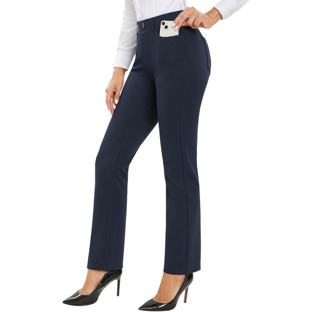 imageStelle Women Dress Pants Business Casual Straight Leg 30quot Stretch Work Pants Pull On Slimfit Regular Slacks with 4 PocketsNavy