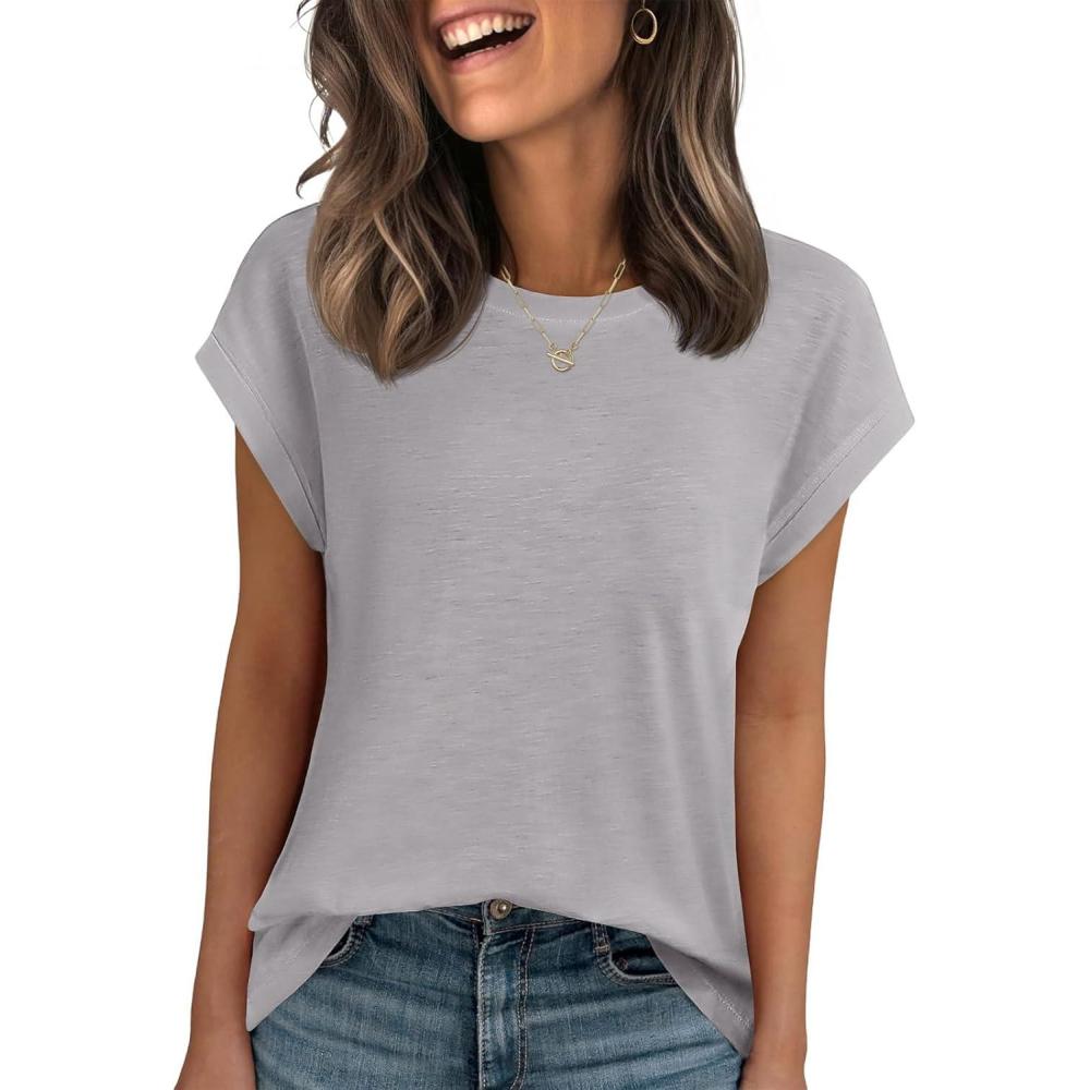 imageStelle Women Modal Soft Crewneck Cap Short Sleeve T Shirts Summer Tops Trendy Basic Casual Clothes 2025Grey