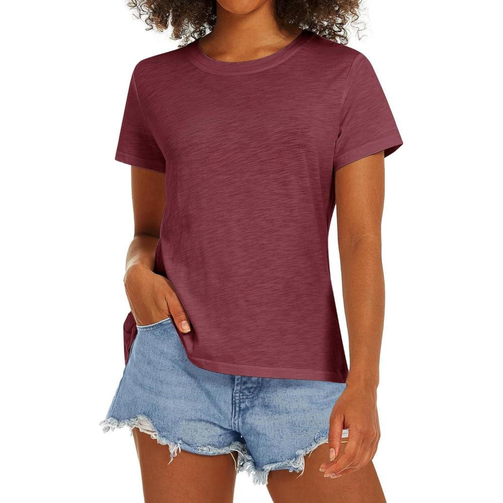imageStelle Women T Shirts Crew Neck Short Sleeve Shirts Modal Soft Summer Classic Fit TeesBurgundy