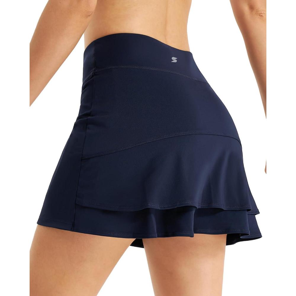imageStelle Women Tennis Skirt Athletic Skort High Waisted Golf Inner Shorts with Pockets Running Sports PickleballNavy
