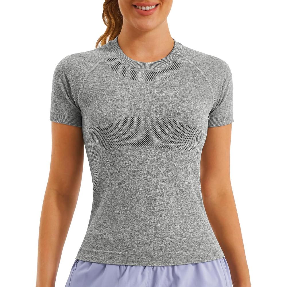 imageStelle Women Workout Tops Short Sleeve Seamless Athletic Shirts Yoga Gym Sports Breathable TeesShort Sleevegrey
