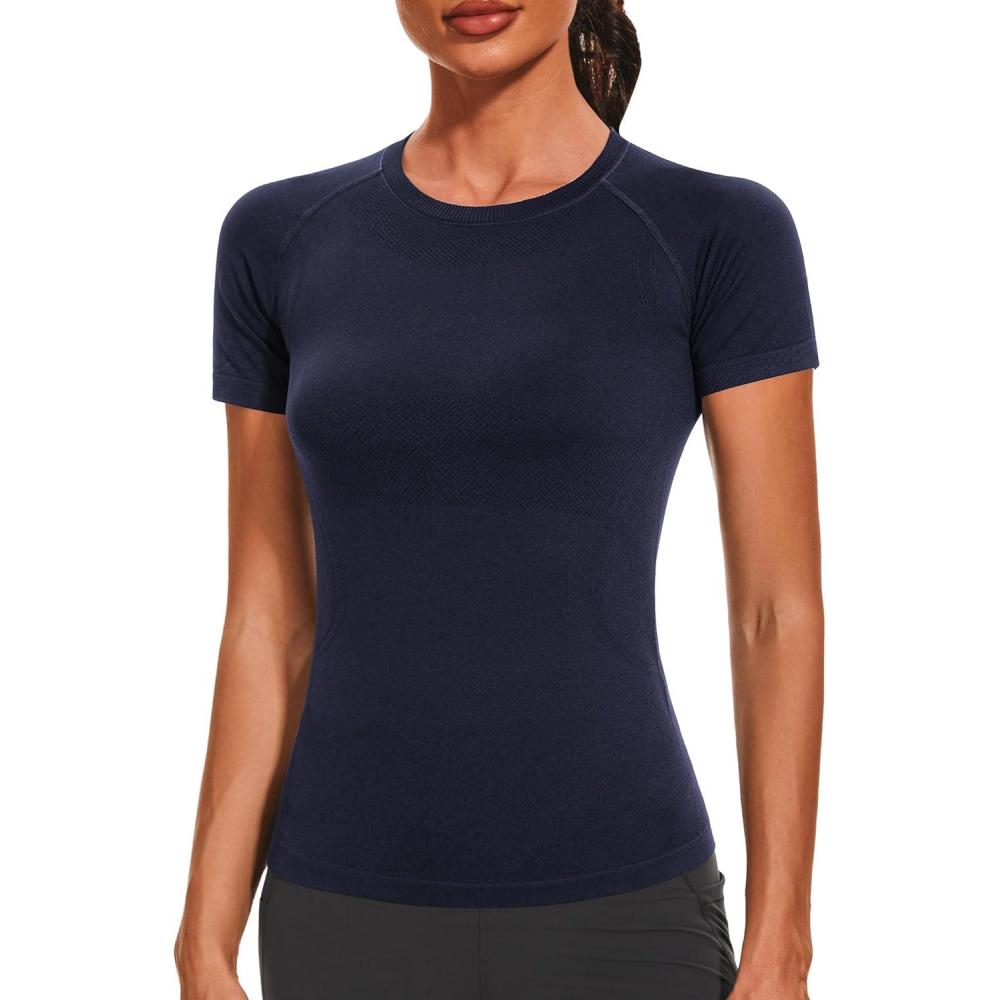 imageStelle Women Workout Tops Short Sleeve Seamless Athletic Shirts Yoga Gym Sports Breathable TeesShort Sleevenavy