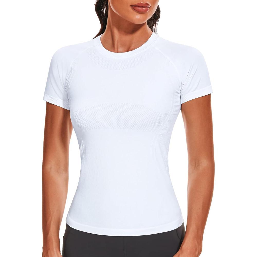imageStelle Women Workout Tops Short Sleeve Seamless Athletic Shirts Yoga Gym Sports Breathable TeesShort Sleevewhite