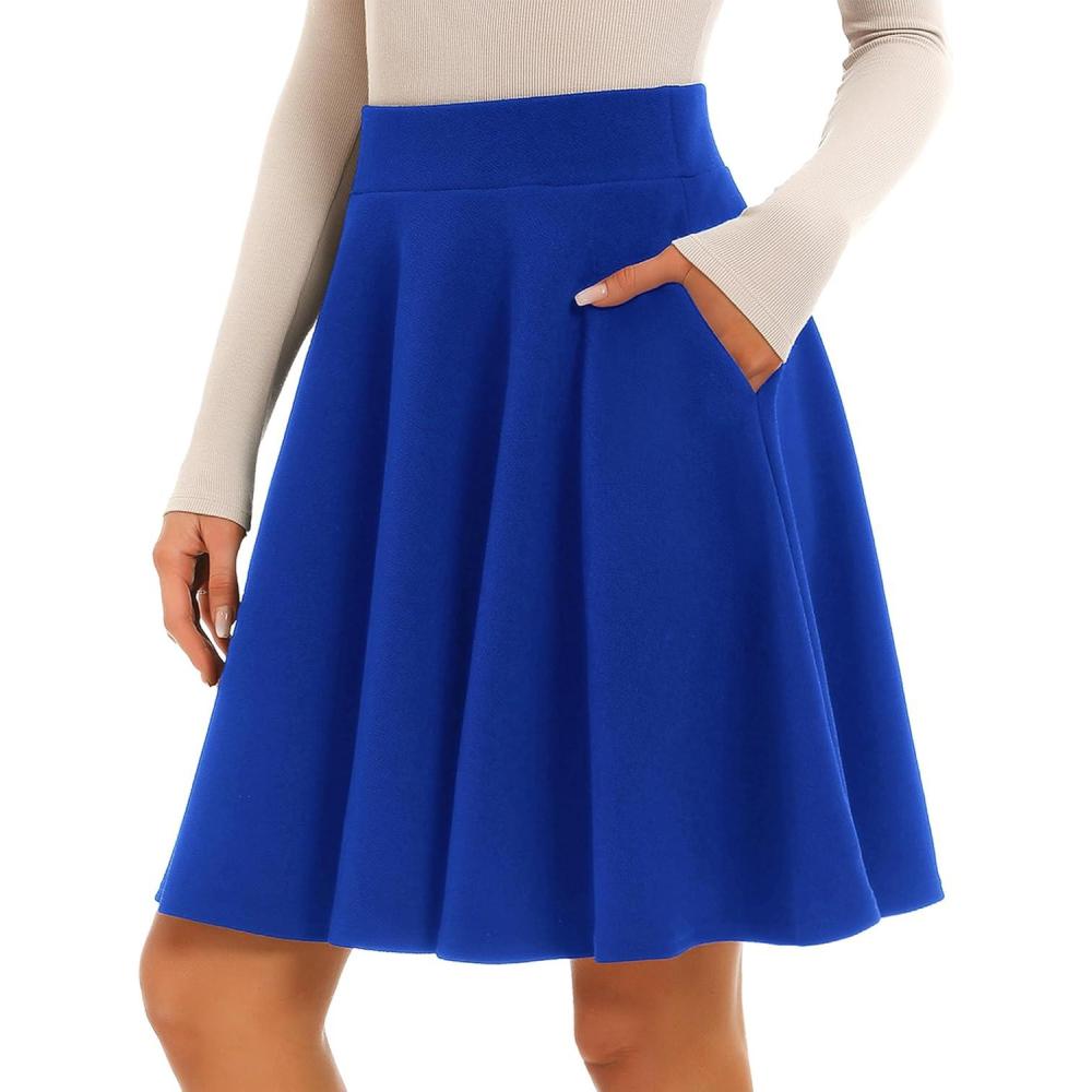 imageStelle Womens 20quot Knee Length Skirts with Pockets Casual Basic Midi Skirt Stretchy High Waisted Skater Flared PleatedCobalt Blue
