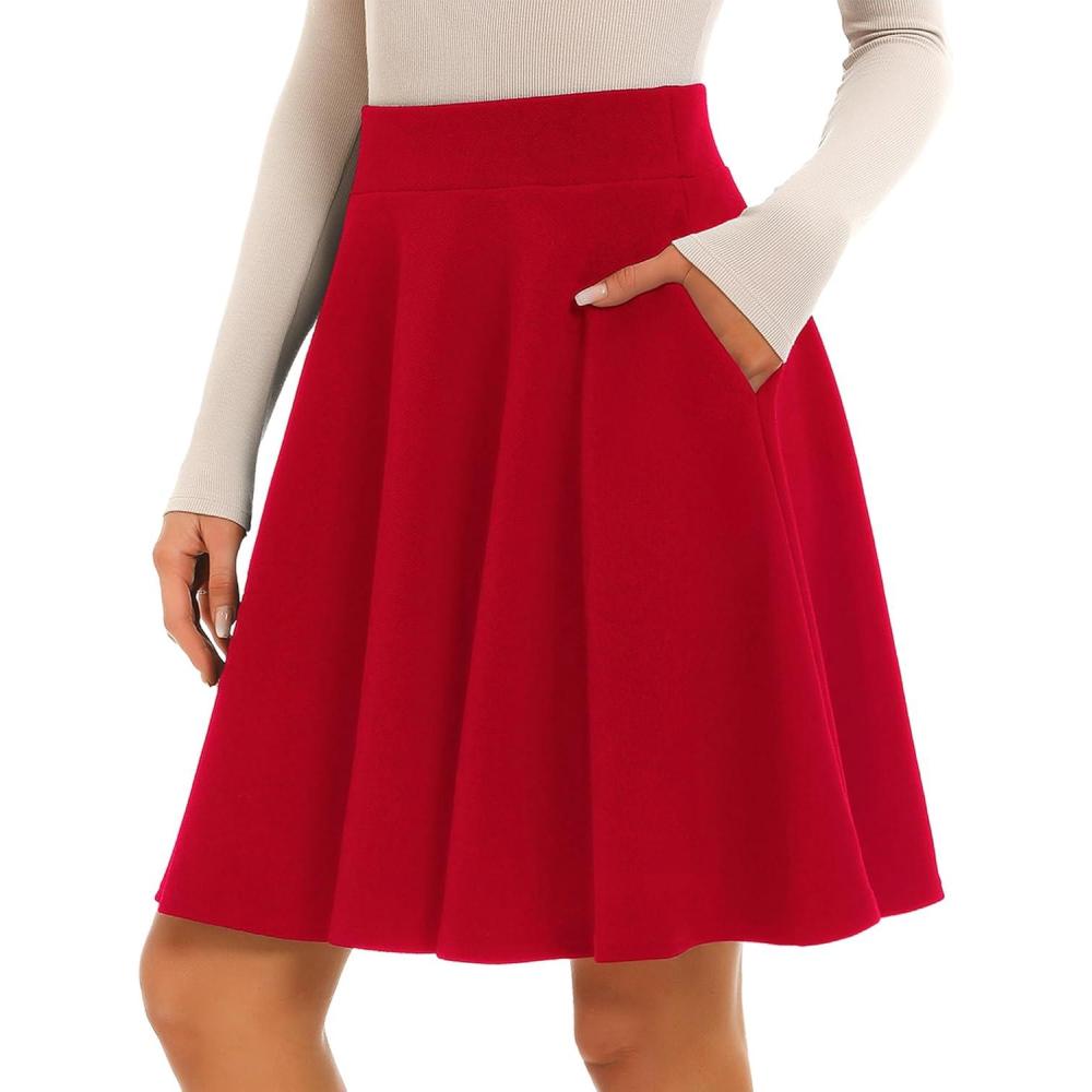 imageStelle Womens 20quot Knee Length Skirts with Pockets Casual Basic Midi Skirt Stretchy High Waisted Skater Flared PleatedRed