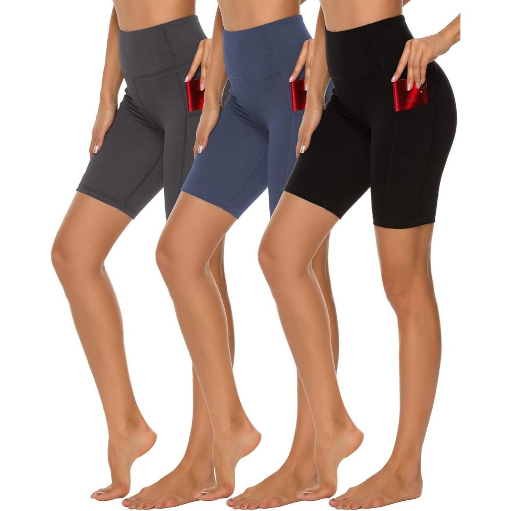 imageStelle Womens 8quot 5quot High Waist Biker Shorts Yoga Shorts with Pockets Tummy Control Workout Shorts for Running Gym8 Blackcharcoalgrey Blue